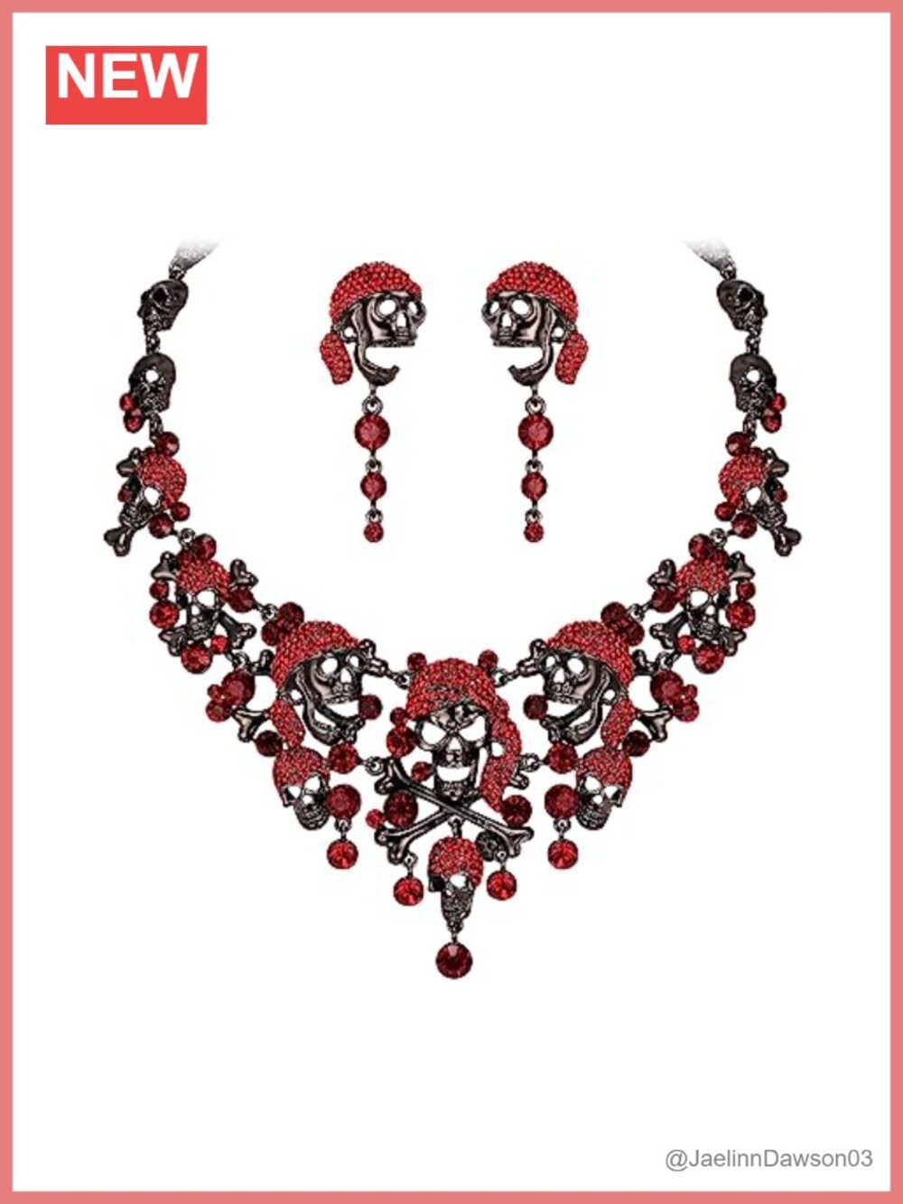 Crystal Skull Bone Cross Necklace Earrings Set Gothic Halloween Costume Party
